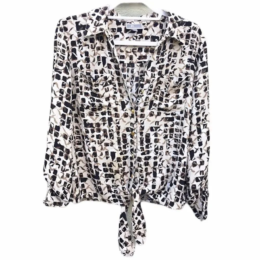 JM Collection Beulah Printed Button Down Tie Bottom Blouse